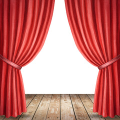 Theatrical Scene: Red drapes frame an inviting stage, the warmth of the wooden floor contrasted by the vibrant crimson curtains creating a sense of anticipation and excitement.