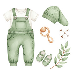 Gentle Baby Essentials: A delicate array of soft, pastel-toned baby clothes, hat, shoes, and toy, evoking a sense of tender care and new beginnings.