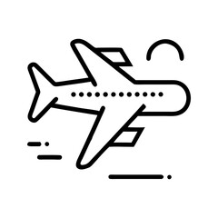 Simple black line art airplane flying through the sky isolated on white background