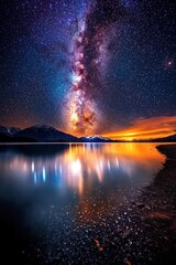 Starry night sky over a serene lake, with the Milky Way reflecting on the water's surface