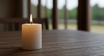 Atmospheric candle lit scene, with a single white candle on a wooden surface, warm and calm.

