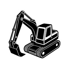 Black excavator with bucket and tracks isolated on white background
