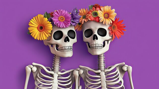 Festive summerween celebration whimsical skeleton couple in playful art setting