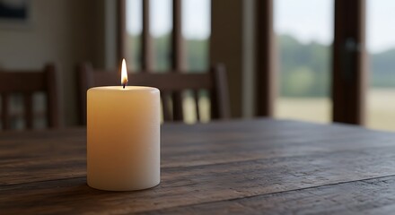 Still life of a candle, its bright flame contrasting with a softly blurred background, serene.

