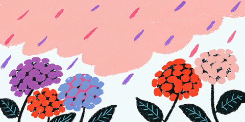 Vibrant Hydrangea Garden Under a Cloudy Sky, a Colorful Floral Illustration with Bold Brushstrokes