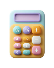 Vibrant calculator with pastel buttons for math calculations, rendered in a playful, three-dimensional style against a transparent background.