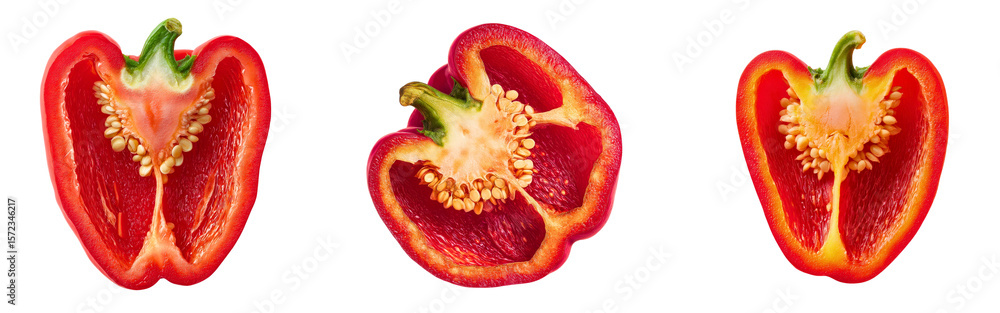 Poster collection of red bell pepper slices with visible seeds and inner layers isolated on a white or tran