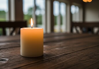 Peaceful candle flame illuminating a dark wood table, evoking relaxation and quiet contemplation.

