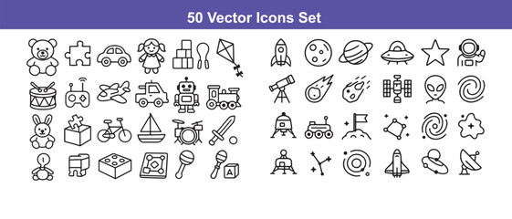  icons set featuring toys and space elements