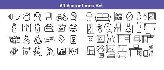 Title: 50 Vector Icons Set: Fitness, Lifestyle, and Home Furniture