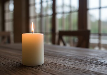 Single white candle with a warm flame, casting light on a textured wooden surface, tranquil.

