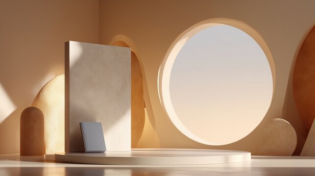 Modern minimalist interior design featuring geometric shapes and natural lighting for product display