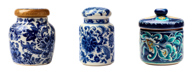 Set of colorful hand-painted ceramic spice jars with intricate traditional design isolated on a white or transparent background
