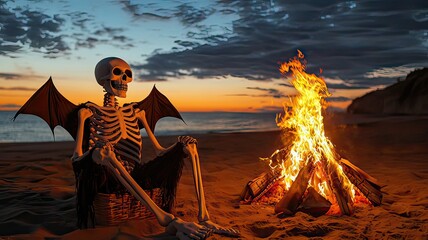 Skeleton couple celebrates summerween at beach bonfire spooky sunset vibes
