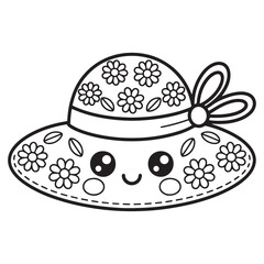 Adorable Summer Sun Hat with Cute Face and Flower Pattern Line Art Illustration
