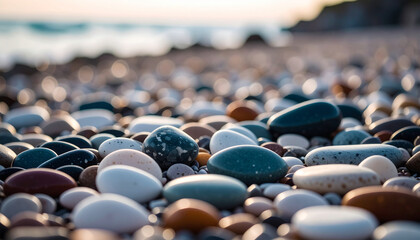 Obraz premium Pebbles at the Shore: A close-up shot captures the beauty of rounded, multicolored pebbles scattered along a serene shoreline. The scene evokes a sense of peace and natural wonder.