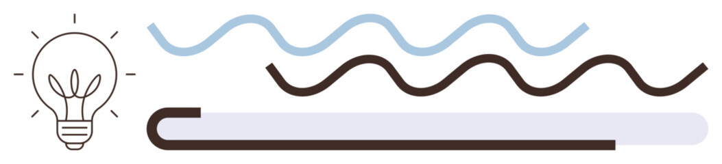 Lightbulb with glowing filaments next to flowing wavy lines and a bent bar. Ideal for energy, ideas, creativity, innovation, inspiration, flow, simplicity concepts. Minimalist simple flat metaphor