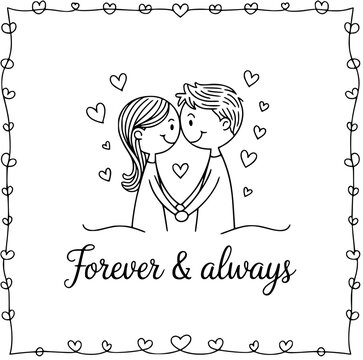 Forever and Always: A tender illustration of a couple embraced amidst a cascade of hearts, symbolizing everlasting love and devotion.  A timeless depiction of unity and affection.