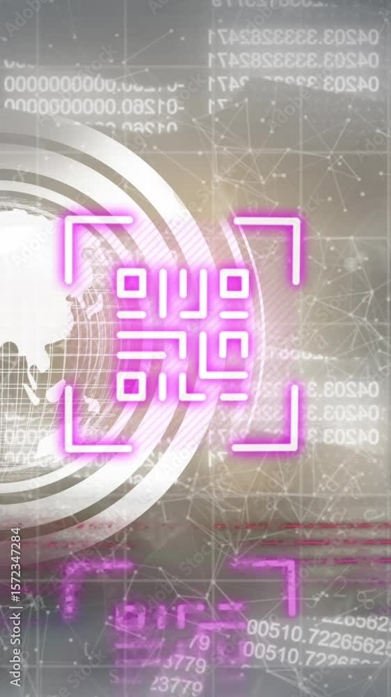 Poster animation of neon qr code with lines over data processing and globe on black background