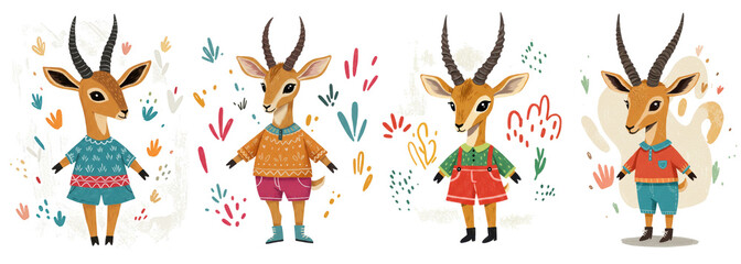 Four cute naive antelope illustrations in colorful outfits with flowers  