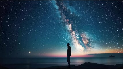 Galactic Shoreline Odyssey: A Lone Traveler Walks the Beach Beneath Brilliant Stars and Nebulae, Embodying Humanity’s Quest for Wonder and Connection with the Universe - Powered by Adobe