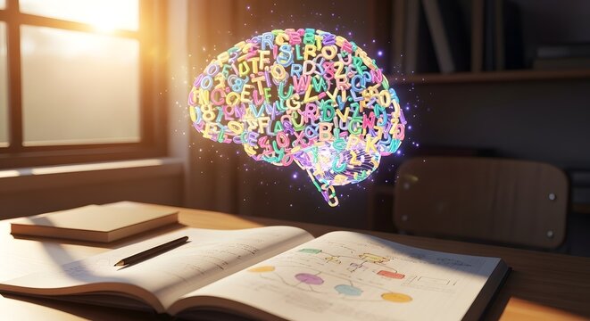 Conceptual Illustration: Bright Glowing Futuristic Digital Brain Formed by Colorful Letters and Numbers Suspended Above a Study Desk with Open Book in a Classroom Setting 