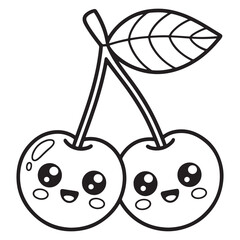 Smiling Kawaii Cherries with Leaf Coloring Page