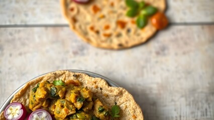 Vegetable curry served on roti with radish and onion on a table