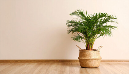 Elegant Palm Plant in Woven Basket: An eye-level shot of a lush, vibrant palm plant thrives in a decorative woven basket, adding a touch of natural elegance to a warm, inviting interior space.