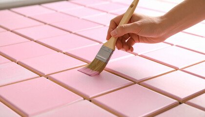 Pink Brushstroke: A focused hand expertly guides a paintbrush, adding a layer of pink, transforming a surface with each deliberate stroke. 