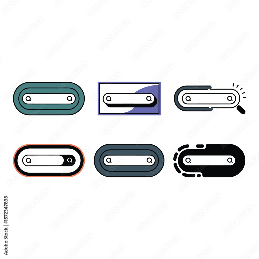 Poster collection of six colorful search bar icons modern flat design web ui ux elements vibrant playful mo