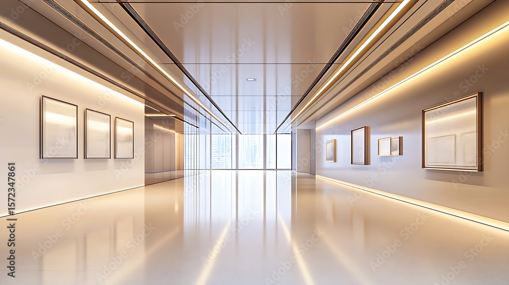 Poster modern art gallery with illuminated walls and empty frames, showcasing spacious contemporary archite