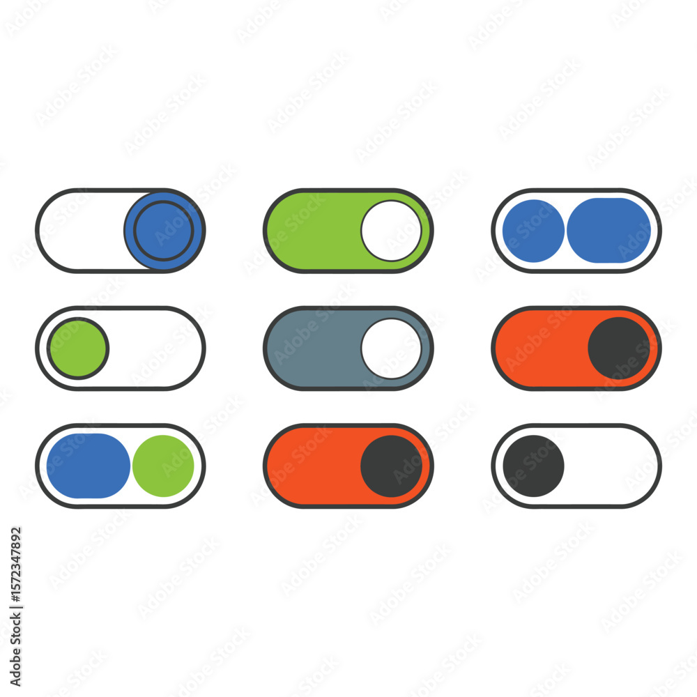 Poster colorful toggle switch buttons flat design ui elements on off states web app interface modern minima