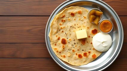 A delicious paratha served with butter, yogurt, and pickle