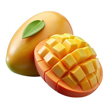 3d realistic mango with sliced cubes isolated on transparent background