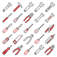 Illustration displaying a collection of various hand tools including wrenches screwdrivers and pliers tools