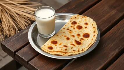 A glass of milk and roti served on a plate on a wooden table