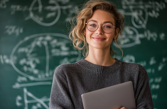 Smiling math teacher with tablet in classroom
