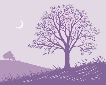 Serene silhouette landscape depicting tree and moon in a calming minimalist purple tone