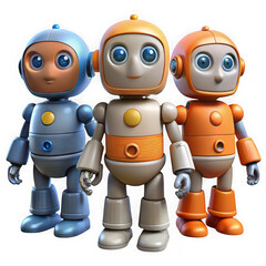 Photo of three colorful robots stand together representing technology and artificial intelligence isolated on transparent background