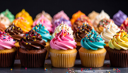 Sweet Symphony of Cupcakes: A vibrant assortment of cupcakes, each adorned with a unique swirl of colorful frosting and playful sprinkles, offers a delightful feast for the eyes.