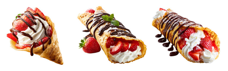 Set of Japanese street-style crepes with whipped cream strawberries and chocolate syrup isolated on a white or transparent background