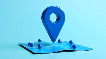 3D Render of a Blue Map Pin on a Folded Map with Push Pins