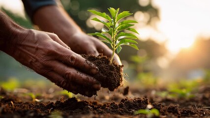A person is planting a small green plant in the dirt. Concept of nurturing and growth, as the person is taking care of the plant and helping it to thrive