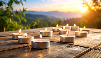 Sunset Serenity: A collection of softly glowing candles casts a warm light, creating a peaceful ambiance against a breathtaking backdrop of a mountain sunset