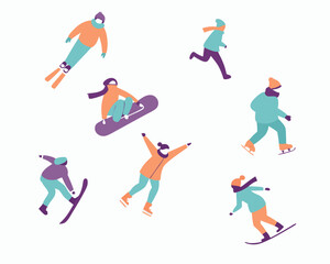 Winter sport activities illustrations with skis snowboards and ice skates on white background