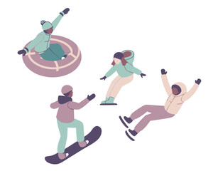 Obraz premium Winter sports enthusiasts engaging in various snow activities with snowboarding and snowtubing