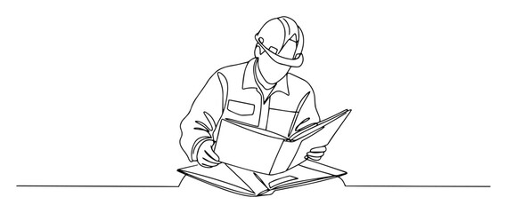 engineer reading construction plans line art