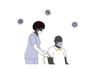 Medical professional with patient wearing face masks and coronavirus illustration