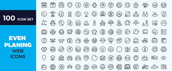 Event planning and organization icon set collection with calendar meeting party celebration business outline symbols